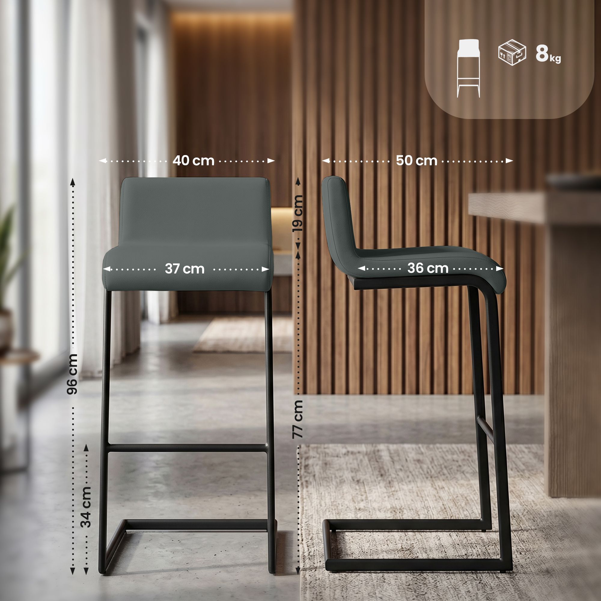 2-delige set barstoelen Newport zwart metalen frame