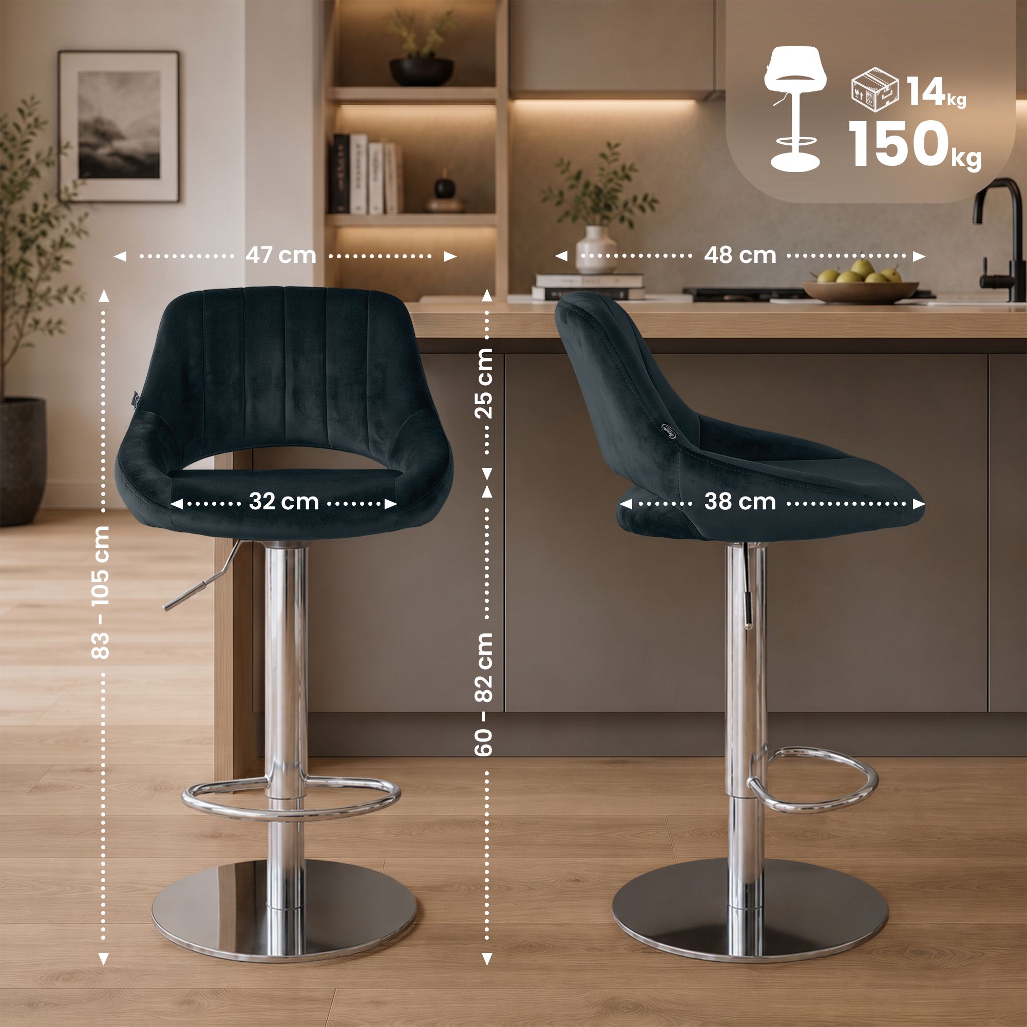 Set van 2 barkrukken Milet chroom met extra zware voet