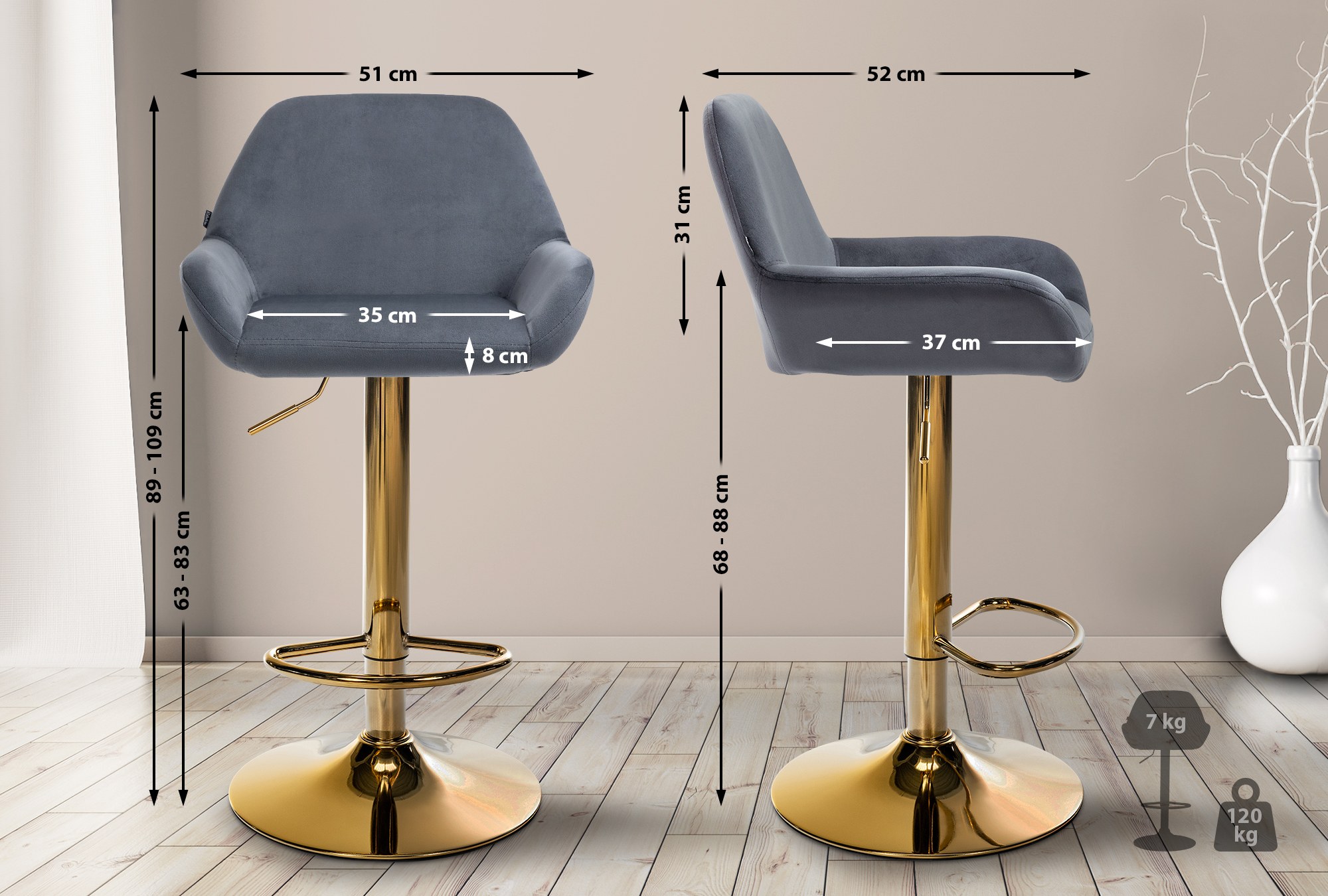 Set van 2 barkrukken Braga goud fluweel