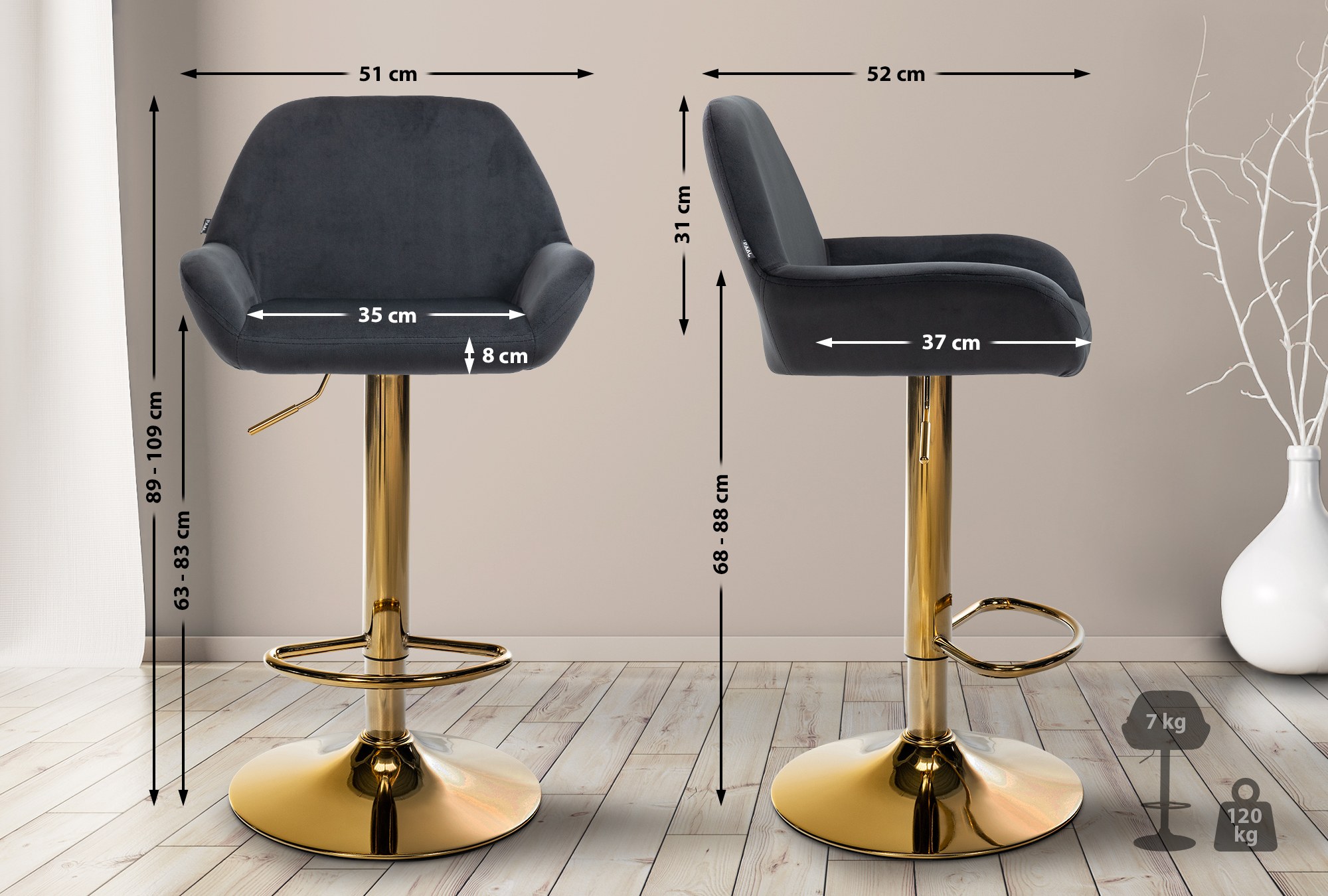 Set van 2 barkrukken Braga goud fluweel